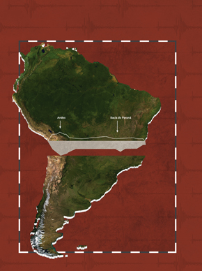Un perfil continental: la ilustración muestra variaciones en el relieve (la línea blanca) y en la corteza de Sudamérica