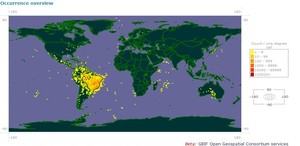 Mapa dos registros do Jardim Botânico do Rio de Janeiro no GBIF