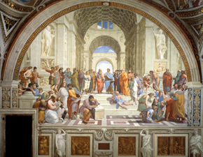 Plato and Aristotle (at center) in Rafael’s fresco The School of Athens: ideas of the two great philosophers of ancient Greece become topics of research 