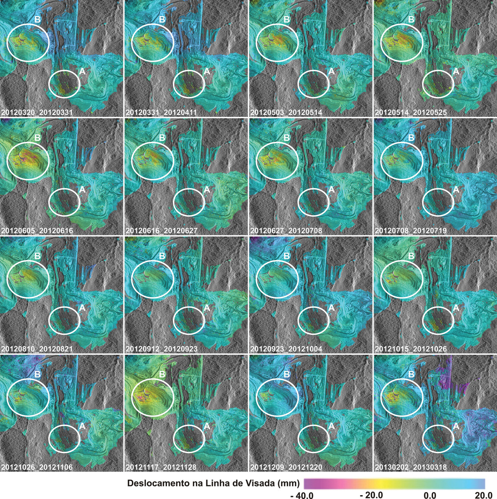 Secuencia de imágenes satelitales de Carajás que revela deformaciones milimétricas, según la barra de colores, en taludes y amontonamientos de material no aprovechado en los círculos A y B durante el lapso de un año