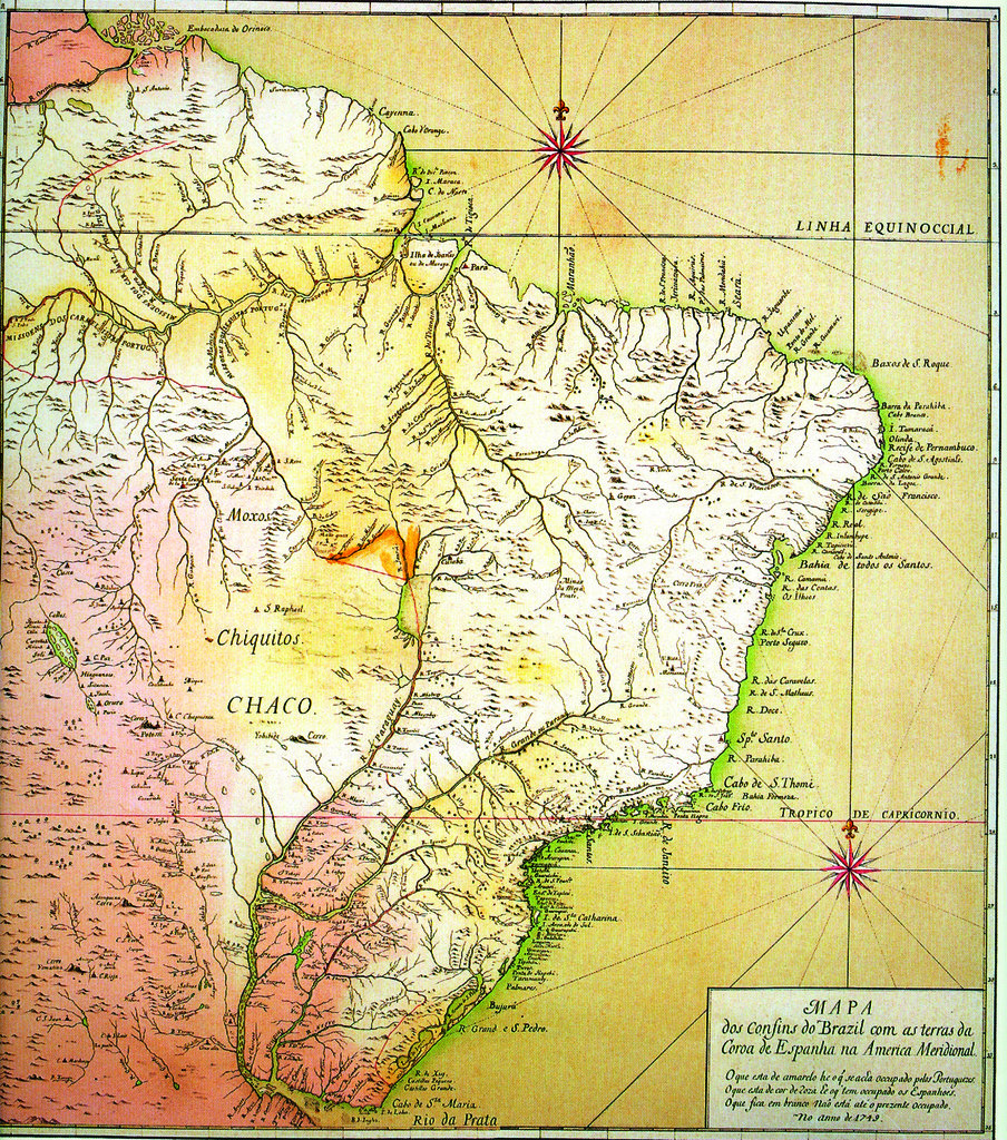 El Mapa das cortes (arriba), de 1749, constituyó la base de la discusión del Tratado de Madrid de 1750 entre Portugal y España 