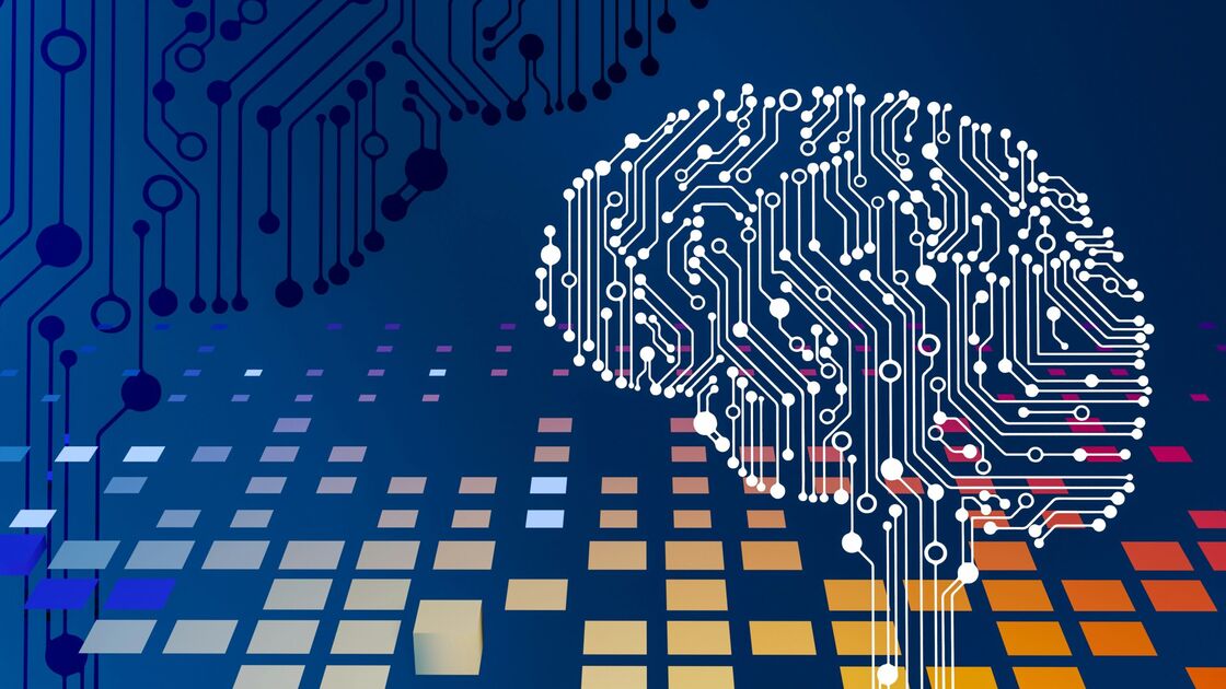 Ilustração que mostra pesquisadores e ícones de inteligência artificial