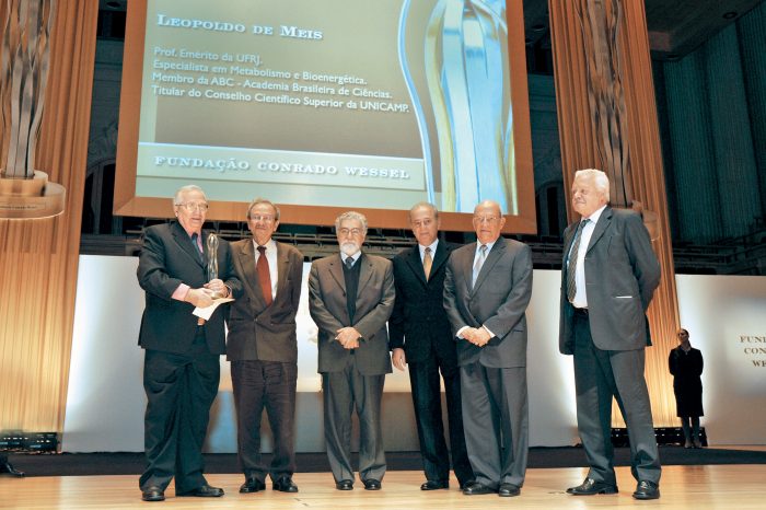 Da esquerda para a direita: Leopoldo de Meis (ganhador de Ciência Geral), Jacob Palis (presidente da ABC), Celso Lafer (presidente da FAPESP), Reinaldo Nahas (conselheiro da FCW), Marcos Moraes (presidente da ANM) e Erney Plessman de Camargo (presidente
da Fundação Zerbini)