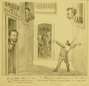 Edição da Revista Ilustrada de 1880 mostra o escritor Ferreira de Meneses (na janela, à esq.) e o jornalista José do Patrocínio na Gazeta de Notícias, da qual ambos foram donos