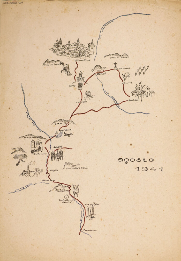 Mapa desenhado pelo historiador e geógrafo Caio Prado Júnior em viagem a Minas Gerais 