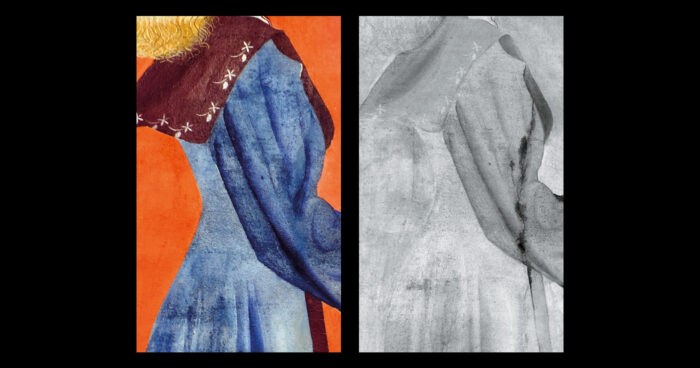 With inspiration for the face from the painter’s wife, Maria Martinelli, the saint had various retouches before taking its final form. Its waist was wider, as indicated by the arrow in the infrared image (<em>above and to the right</em>), which reveals Portinari’s initial draft