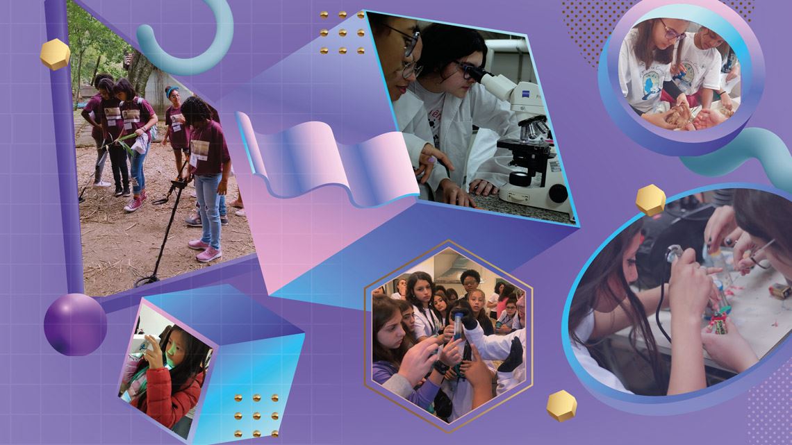  Busca por meteoritos, atividades de laboratório, robótica e estudo de organismos marinhos: horizontes expandidos. Crédito: Julia Cherem / Freepik; Equipe Meninas com Ciência/Museu Nacional - UFRJ; Equipe Menina Ciência - Ciência Menina UFABC; Arquivos do Projeto Mergulho na Ciência USP; Renata Ferreira / Meninas na Ciência - UFRGS