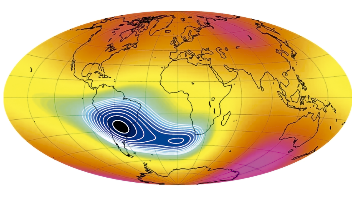 Mapa da intensidade do campo magnético terrestre destacando a Anomalia Magnética do Atlântico Sul