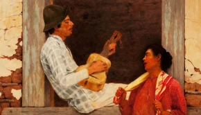 Pintura de violeiro de chapéu tocando viola numa janela enquanto uma mulher de vestido vermelho canta ao lado
